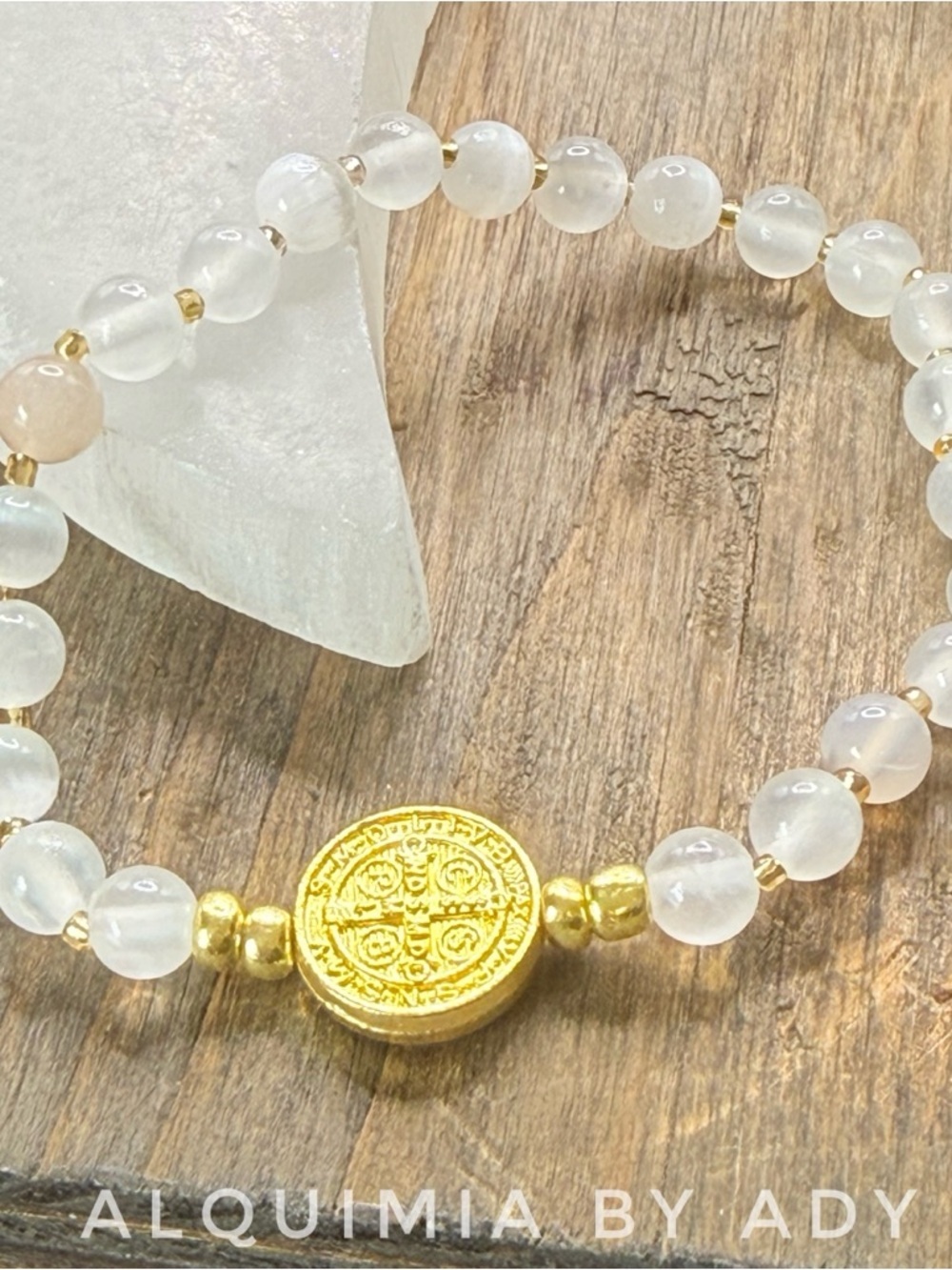 MINIMAL +6mm Selenite beaded handmade  bracelet with gold Saint Benedict medal